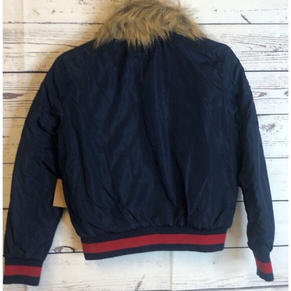 Ultim8 Navy faux fur collar Snake And rose appliqué bomber Jacket Juniors Sz L - Picture 6 of 7